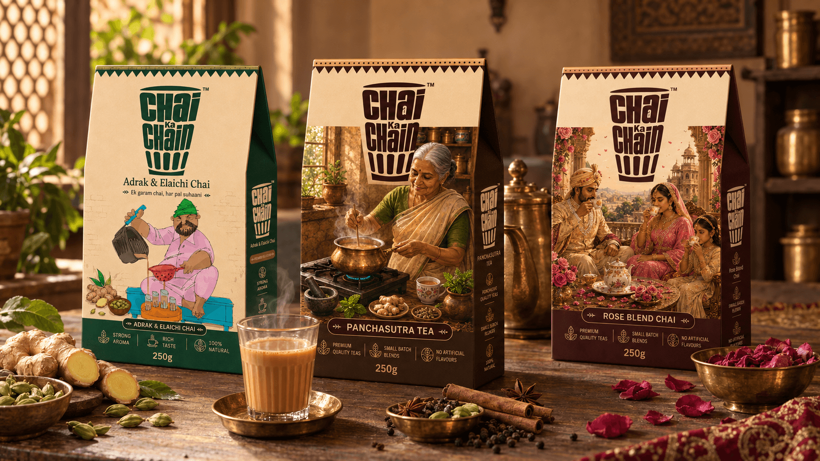 Adrak and Elaichi, Panchasutra, and Rose Blend Chai gift packs